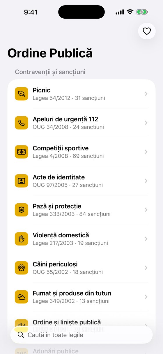 Ecranul principal al aplicației Ordine Publică, cu legile grupate pe teme